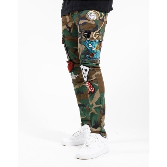 Cote De Nuits Mens 28x30 Camo Jeans Designer Sequin Patches Cargo Haute Couture - Picture 2 of 16